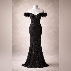 Black Off-Shoulder Sequin Gown w/ Feather Detail – XL (12/14)